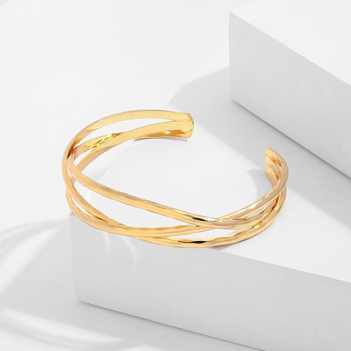 Gold Cuff Bracelet for Women Chunky Multi-layer Cross Wire Open Bracelet Hollow Wide Cuff Bracelets Adjustable Gold Open Cuff Bangle Bracelet