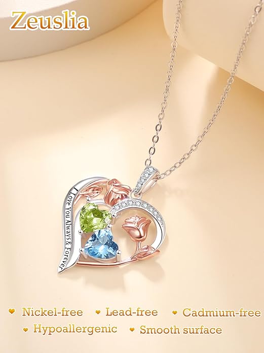Zeuslia Double Birthstone Necklace Gifts for Wife - 925 Sterling Silver Sunflower/Rose/Crown Cross/Compass/Heart Pendant I Love You Necklace, Anniversary Birthday Gifts for Wife Girlfriend Mom Her