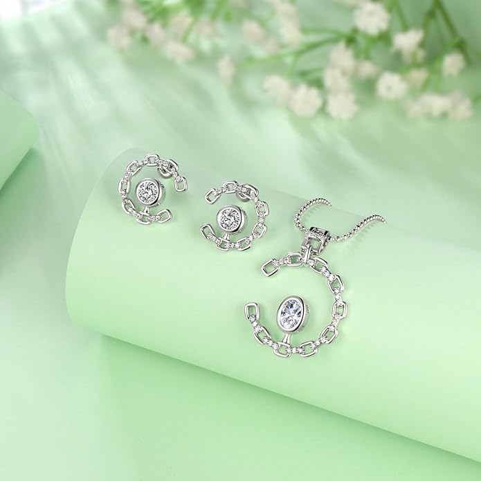 Ydou Elegant C-Shaped Crystal Necklaces/Stud Earrings Set with Birthstone Jewelry Set Silver Plated Fashion Jewelry for Women CS0003