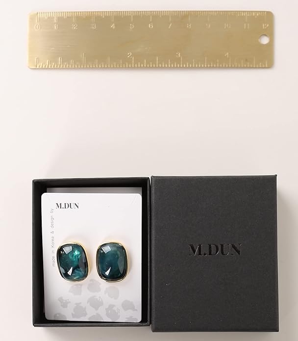 M.DUN- Round Edges Rectangle Shape Studs Earring. Abalone Amber Turquoise Resin Stone Design, 18k Real Gold Plated Bezel, Hypoallergenic Gorgeous Gift for Women