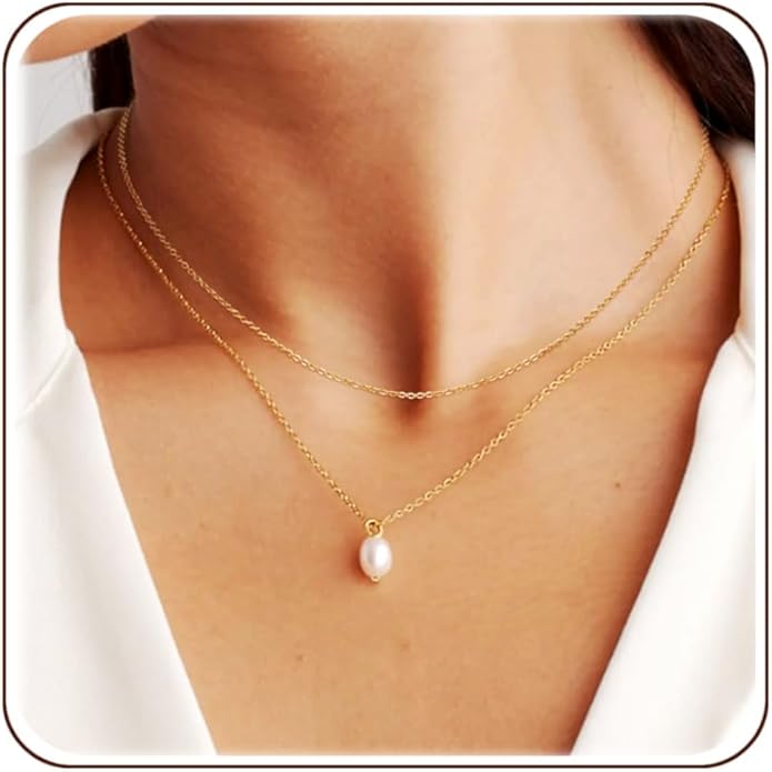 Layered Pearl Choker Necklaces for Women Gold Plated Dainty Trendy Faux Pearl Drop Pendant Y Shaped Layered Gold Necklace Wedding Bridal Jewelry