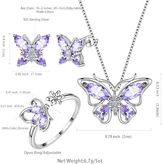 Aurora Tears Butterfly Jewelry,Women 925 Sterling Silver Butterflies Birthstone Pendant Necklace/Earrings/Rings Wedding Gift