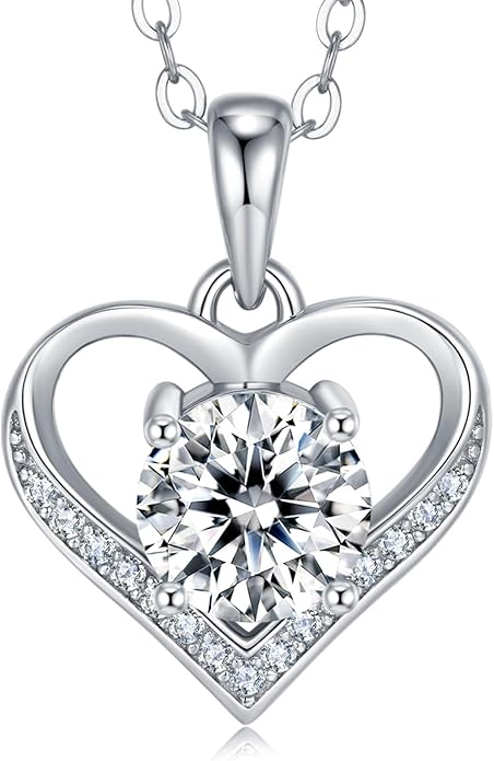 1CT Heart Brilliant Moissanite Heart Pendant Necklace D Color VVS1 S925 18K White Gold Plated for Mother Love Friend Mother’s Day Birthday Gift for Her 18inch