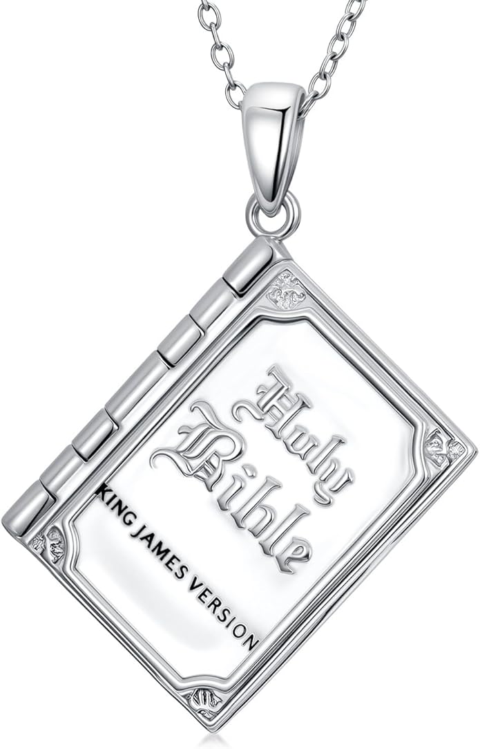 925 Sterling Silver Mini Bible Book Pendant Necklace, Openable Vintage Necklace, Christian Prayer Scripture Jewelry for Men and Women