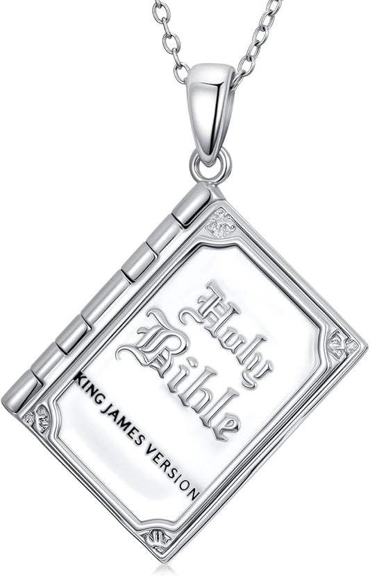 925 Sterling Silver Mini Bible Book Pendant Necklace, Openable Vintage Necklace, Christian Prayer Scripture Jewelry for Men and Women