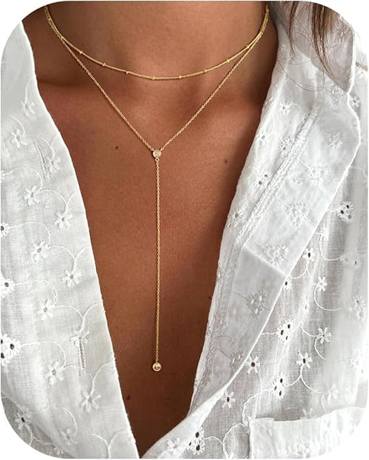 M MOOHAM Gold Lariat Necklace for Women - Dainty 14K Gold Plated Y-Shaped Long Drop Necklace Pearl Cross Clover Butterfly Cubic Zirconia Charm Layered Necklaces for Women Simple Jewelry Gifts