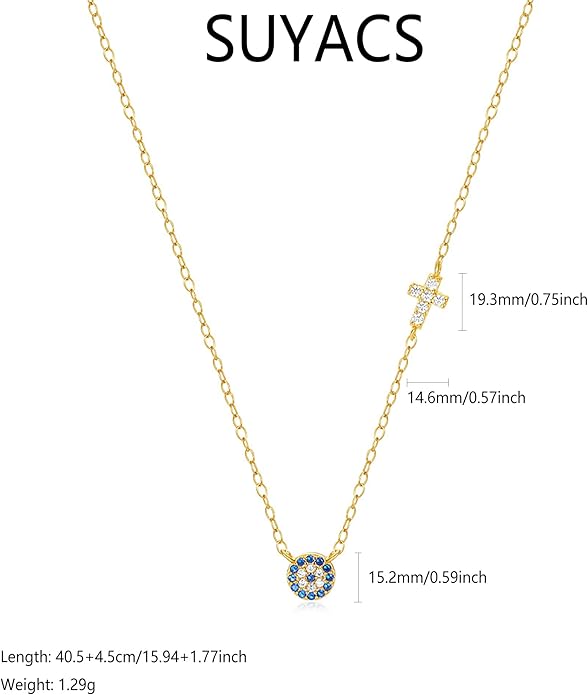 SUYACS Gold Evil Eye Necklaces for Women 925 Sterling Silver Small Cross Pendant Necklace Blue Cubic Zirconia Eye Charm Chain Christian Baptism Religious Faith Jewelry Christmas Gifts for Mom