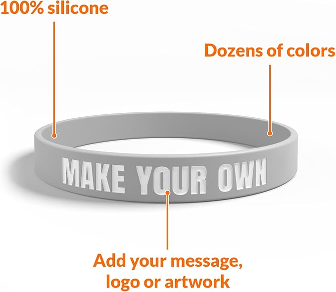 Custom Wristbands For Events, Fundraisers & Promotions | Add Text, Icons, & Logos | Bulk Rubber Bracelets | Classic 1/2” | 100% Silicone