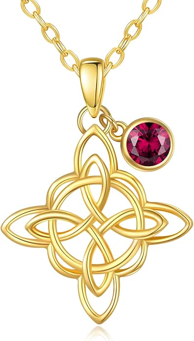 Witches Knot Necklace for Women, 14K Gold Celtic Knot Cross Jewelry with Triquetra Trinity with Birthstone Pendant, Birthday Witchy Spiritual Gifts for Her Wife Mom Grandma, 18+2 Inch Chain