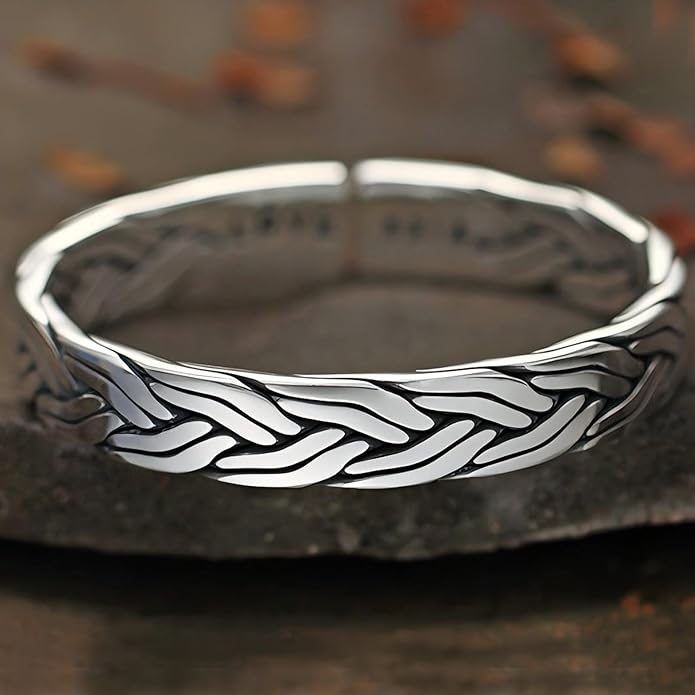Kim Carrey S925 Sterling Silver Bracelet, Open Bangle Cuff Design, Men's Stacked Bracelets Gift Jewelry for My Man