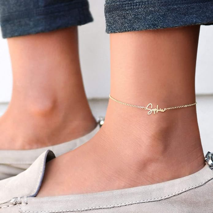 PicturesOnGold.com Custom Name Anklets for Women in Sterling Silver or 14K Gold Personalized Ankle Bracelet Jewelry With Any Name or Word