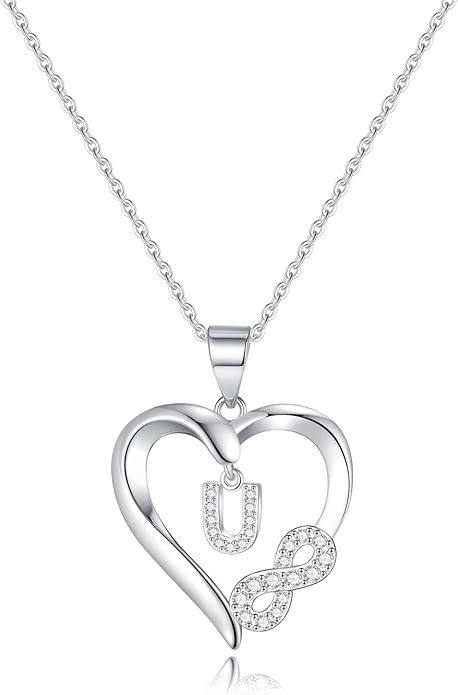 Valentine's Day Gifts for Women - Heart Initial Sterling Silver Necklace with Cubic Zirconia Heart Pendant, Elegant Jewelry Gift for Mom Wife Girlfriend, Perfect Birthday Present in Gift Box
