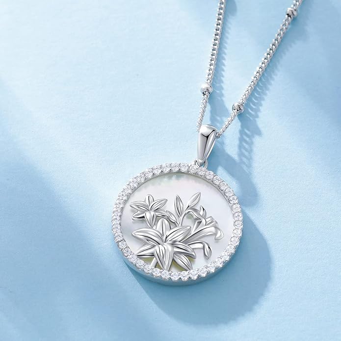 AGVANA Valentines Day Gifts Sterling Silver Birth Flower Necklace for Women Genuine Mother of Pearl CZ Round Disc Pendant Necklace Fine Jewelry Anniversary Birthday Gifts for Women Wife Mom Her