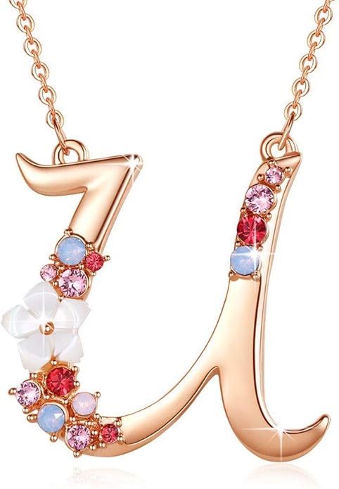 Flower Initial Letter Necklace Pink Red Blue Simulated Pearl Pendant Name Jewelry Made with Austrian Crystals Rose Gold Plated Anniversary Birthday Gifts for Women,18"+2"
