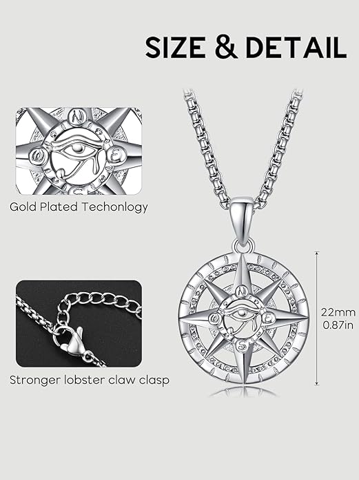 KINGWHYTE Compass Necklace for Men 925 Sterling Silver Birthday Gifts Graduation Travel Jewelry for Husband Brother with Stainless Steel Chain