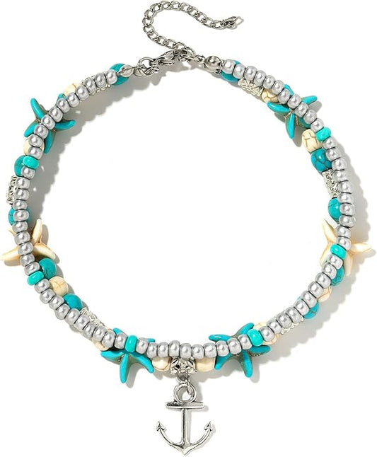 Starain Blue Turtle Anklets for Women Multilayer Beads Handmade Beach Ankle Bracelet Set Boho Foot Jewelry