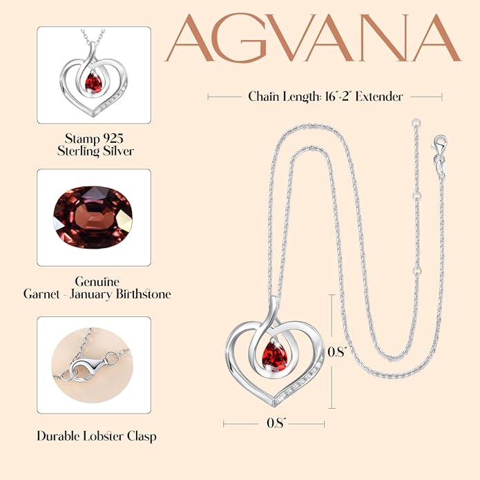 AGVANA Christmas Gifts Heart Birthstone Necklace for Women Sterling Silver Genuine or Created Gemstone Forever Love Pendant Necklace Fine Jewelry Anniversary Birthday Gifts for Women Mom Wife