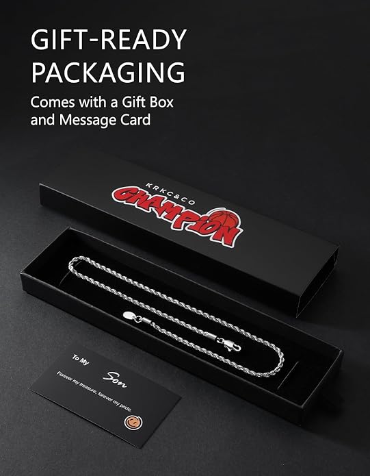 KRKC&CO Rope Chain Necklace for Men, Packaging with Gift Box & Card on Birthday from Mom Dad, 18K / White Gold Plated Chains, Hypoallergenic 316L Stainless Steel, Durable Men Jewelry, 3mm 16-26in