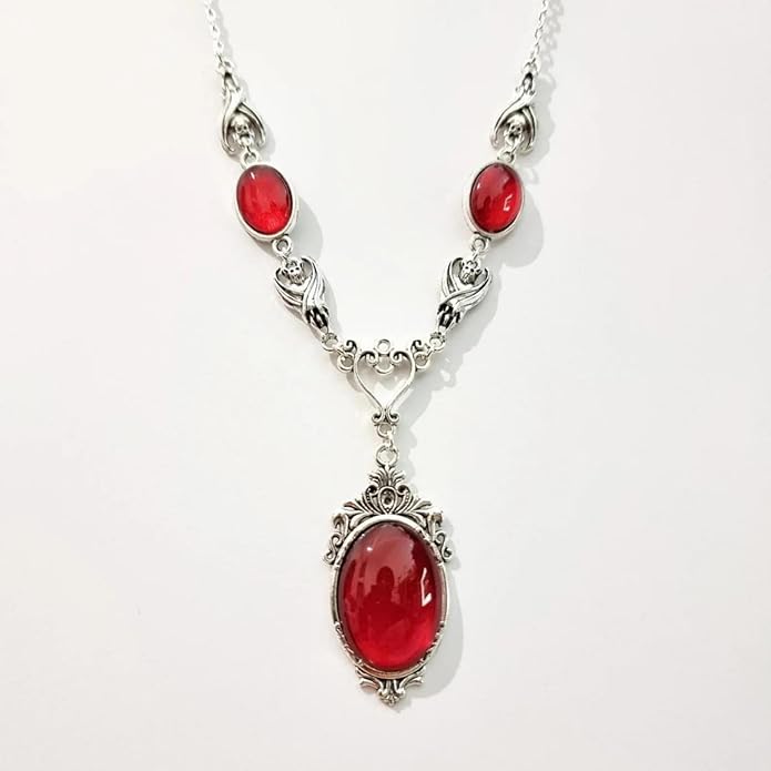 Gothic Vampire Necklace Vintage Stardust Crystal Cameo Pendant Necklace Punk Style Vampire Pendant Oval Necklace Satanic Demon Red Pendant Necklace Jewelry