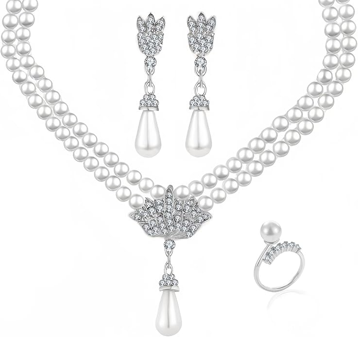 la luen Pearl Bride Wedding Jewelry Set Faux Pearls Crystal Rhinestone Necklace Earrings Bracelet Sets for Women Bridesmaid(3 PCS)
