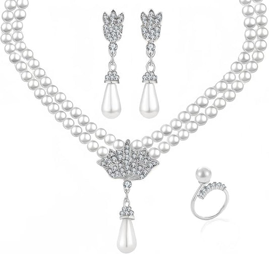 la luen Pearl Bride Wedding Jewelry Set Faux Pearls Crystal Rhinestone Necklace Earrings Bracelet Sets for Women Bridesmaid(3 PCS)