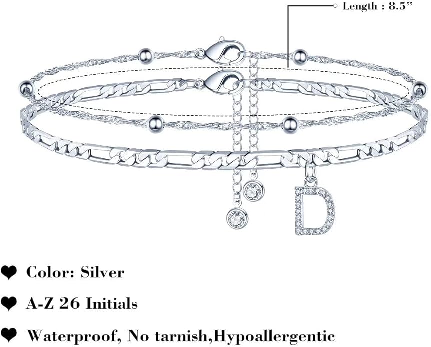 Ursteel Ankle Bracelets for Women, 14K Gold Plated Dainty Layered Chain CZ Initial Anklets Summer Jewelry Gifts for Women