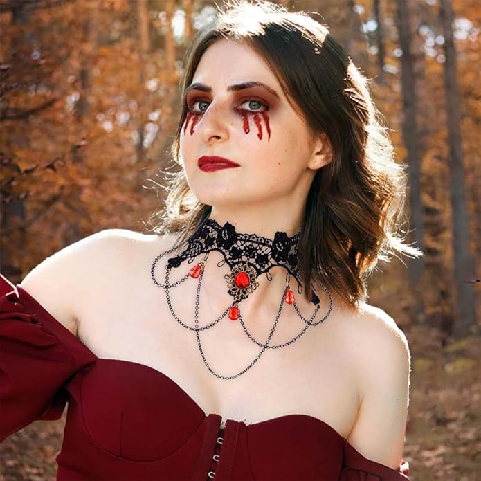 Gothic Black Choker Necklace Lace Collar Necklace Red Crystal Necklace Halloween Necklaces for Women