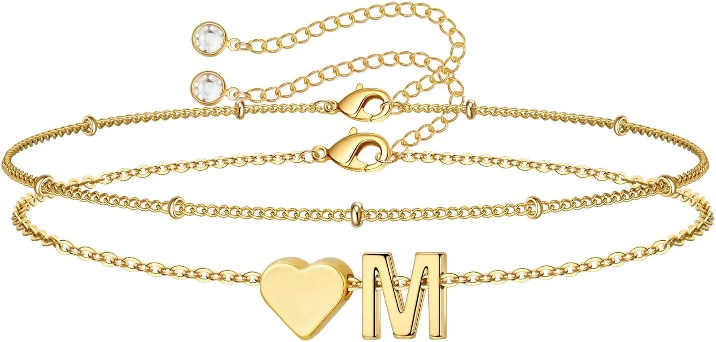 M MOOHAM Christmas Gifts for Grandkids Teens Girls -14K-Gold-Plated Heart Initial Bracelets for Women Girl Dainty Gold Bracelets Birthday Gift Stocking Stuffers for Women Teenage Girls Kids Gifts