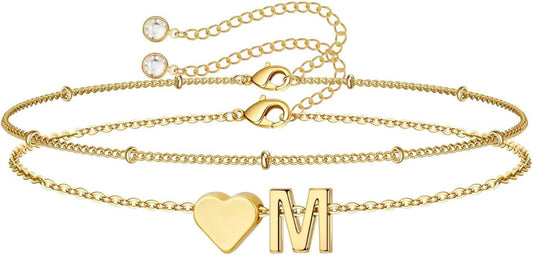 M MOOHAM Christmas Gifts for Grandkids Teens Girls -14K-Gold-Plated Heart Initial Bracelets for Women Girl Dainty Gold Bracelets Birthday Gift Stocking Stuffers for Women Teenage Girls Kids Gifts