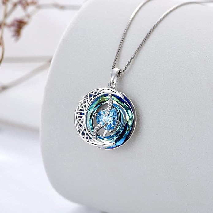 TOUPOP Christmas Gifts Birthstone Necklace 925 Sterling Silver Moon and Star Pendant with Blue Crystal Celtic Moon Jewelry Birthday Gifts for Women Mom Wife Her Daughter