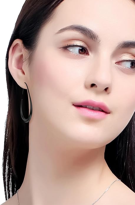 Lightweight Teardrop Hoop Earrings for Women - 14k Gold/White Gold Plated Large Oval Pull Through Hoop Earrings High Polished Statement Jewelry Gift for Women