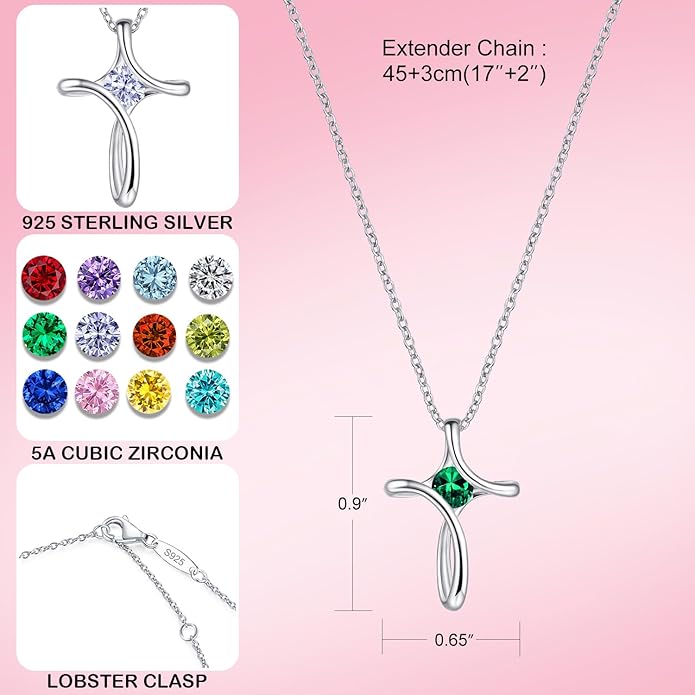NINAMAID Cross Necklace for Women, 925 Sterling Silver Birthstone Necklace for Women with Diamond Sideways Cross Necklaces Birthstone Jewelry Birthday Gifts for Womens