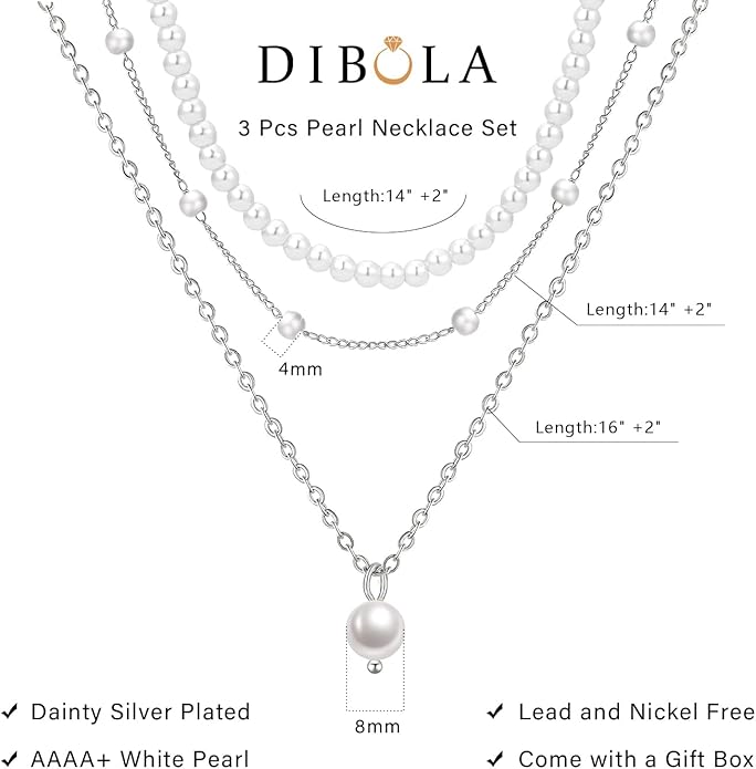 DIBOLA Gold Jewelry Set for Women, Dainty Layered 14K Gold/Silver Pearl Choker Necklaces and Earring Set Pearl Earrings Bracelets Wedding Bride Jewelry