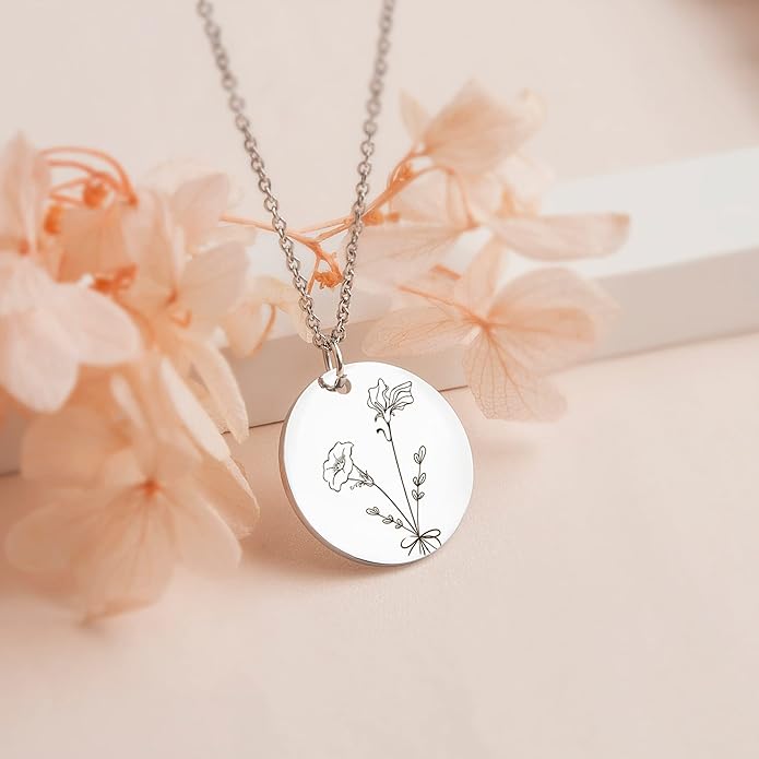 Anavia -Build Your Own Bouquet- Birthmonth Flowers Necklace, Personalized Engraved Floral Coin Necklace, Customized Birthday Gifts Love Jewelry for Her Mom Sisters Family