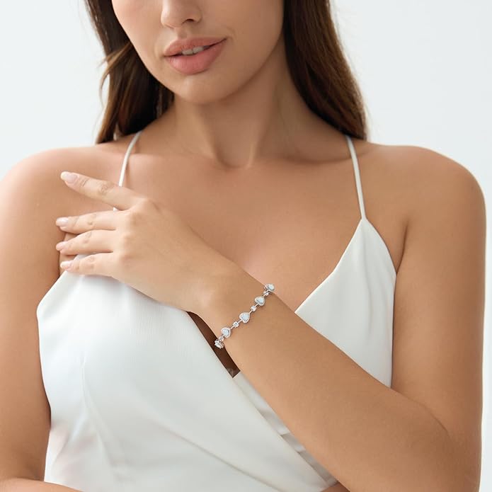 Sterling Silver Tennis Bracelets for Women Opal Gemstone October Birthstone Fine Jewelry Charm Link for Her 7 Inches