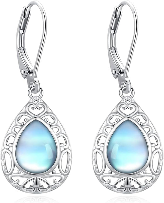 Sterling Silver Tree of Life/Flower/Bee/Animals/Cat/Hummingbird Dangle Earrings Moonstone Turquoise Drop Leverback Earrings Jewelry Gifts