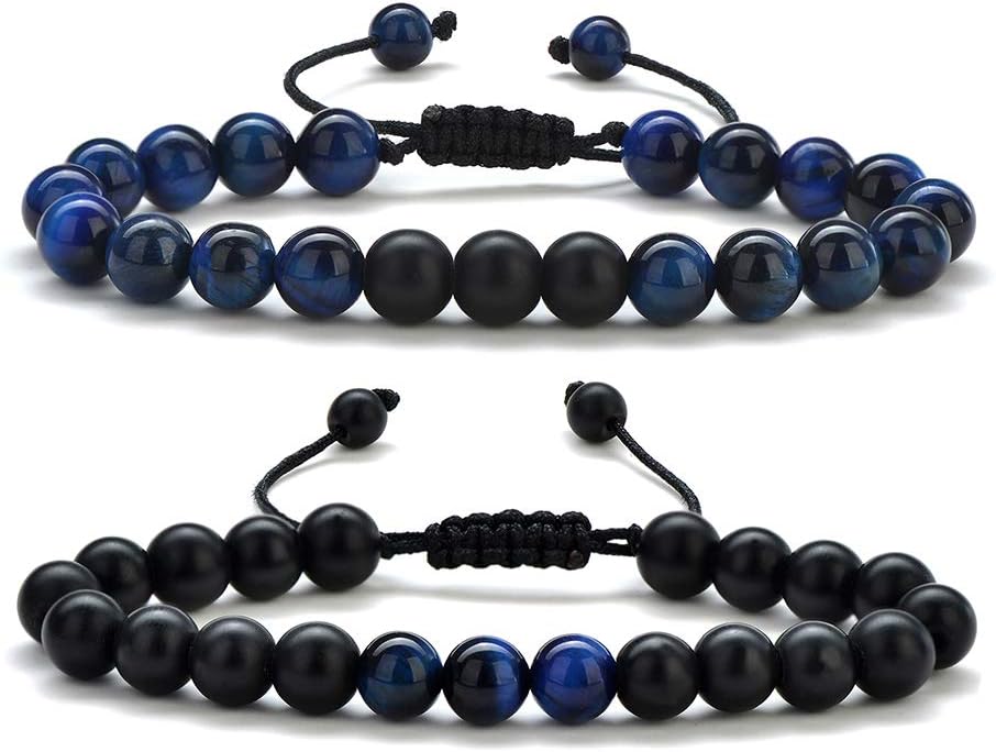 M MOOHAM Natural Stone Bracelets for Men - 8mm Tiger Eye, Matte Agate, Lava Rock - Teen Boys Gifts for Birthday, Anniversary, Christmas