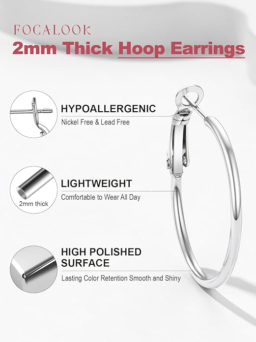 FOCALOOK 14K Gold Plated Lightweight Large Hoops| 2mm Thin Hoop Earrings for Women 30/40/50/70/100mm