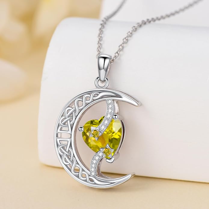 TOUPOP Moon and Star Birthstone Necklace for Women 925 Sterling Silver Celtic Moon Jewelry Birthday Christmas Gifts for Her Girlfriend