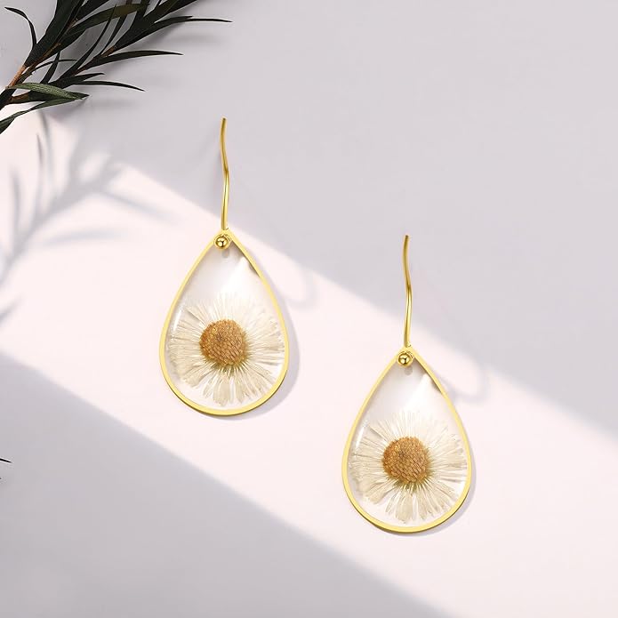 Forget-Me-Not and Queen Anne's Lace Pressed Wildflower Earrings | Pressed Flower Earrings | Handmade Drop and Dangle Earrings | Gift for Woman