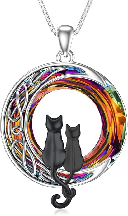 TOUPOP Christmas Cat Gifts for Cats Lovers One Two Three Four Cats Necklace Sterling Silver Cats on the Moon Pendant Necklace with Blue Circle Crystal Birthday Christmas Celtic Jewelry Gifts for Women
