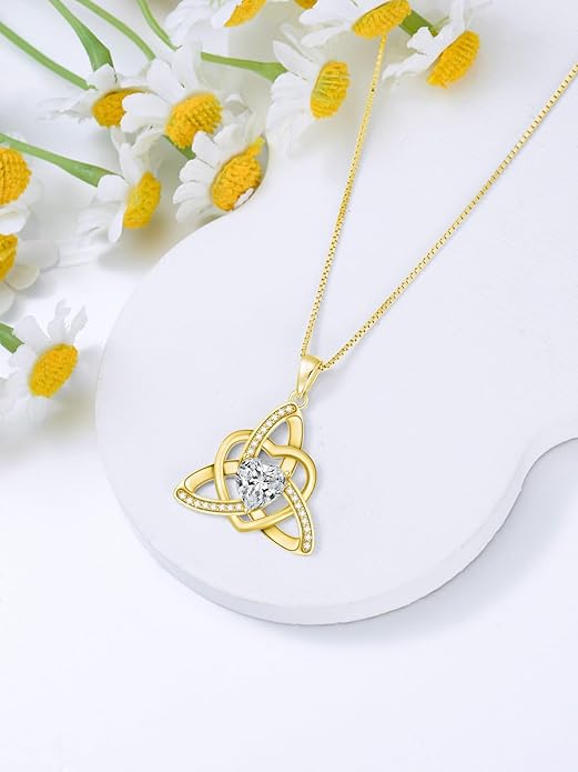 1CT Heart Moissanite Celtic Knot Necklace for Women, 925 Sterling Silver Diamond Trinity Knot Celtic Pendant Necklace Irish Jewelry, Birthday Christmas Valentines Day Gift for Her Wife Mom, 18+2 Inch