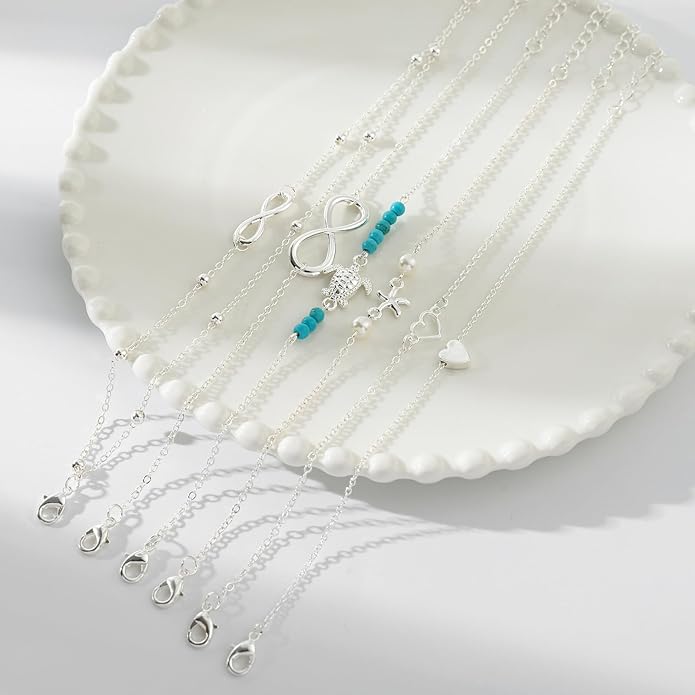 Starain 12Pcs Summer Beach Anklets for Women Waterproof Gold Silver Chain Ankle Bracelets Cute Women's Foot Anklet Set 7.9-10.5 inch Adjustable