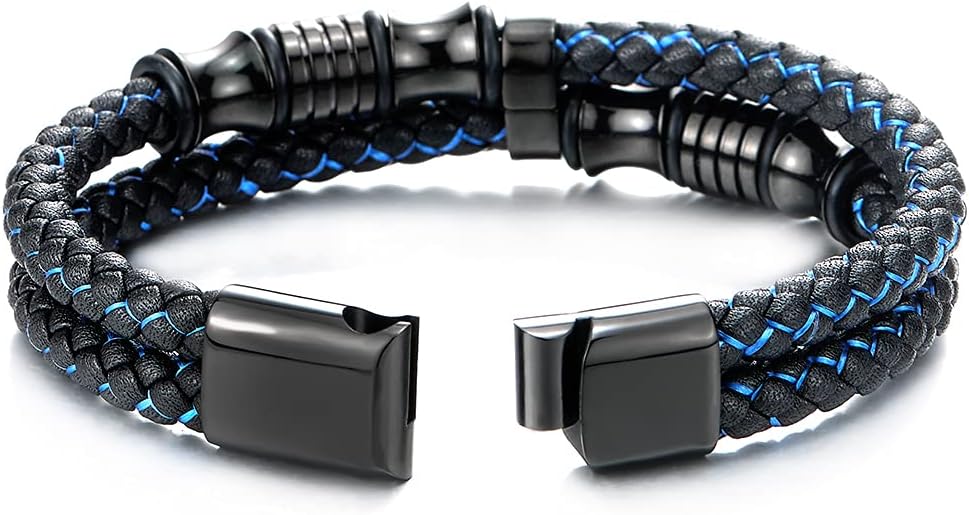 COOLSTEELANDBEYOND Mens Double-Row Braided Leather Bracelet Bangle Wristband with Stainless Steel Ornaments