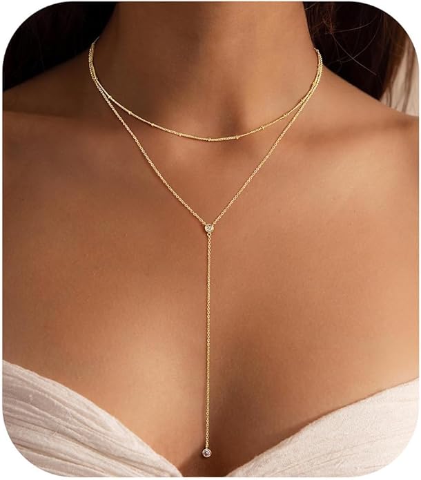 Ursteel Dainty Lariat Necklace for Women, 14K Gold Plated Y-Shaped Long Necklace Layered Drop Necklaces Pearl Cross Clover CZ Charm Necklaces for Women Christmas Jewelry Gifts Stocking Stuffers