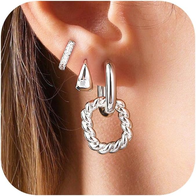 3 Pairs Earrings Set for Multiple Piercings, Gold Plated Studs Hoop Earrings Stack, CZ Dangle Earrings Set, Hypoallergenic for Sensitive Ears, Women's Gift