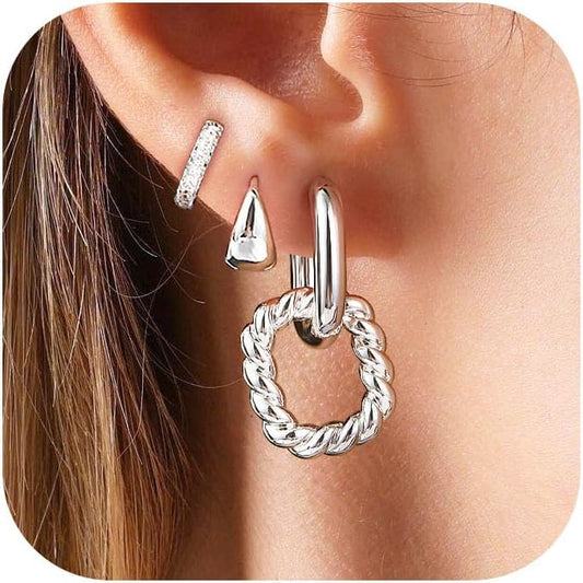 3 Pairs Earrings Set for Multiple Piercings, Gold Plated Studs Hoop Earrings Stack, CZ Dangle Earrings Set, Hypoallergenic for Sensitive Ears, Women's Gift