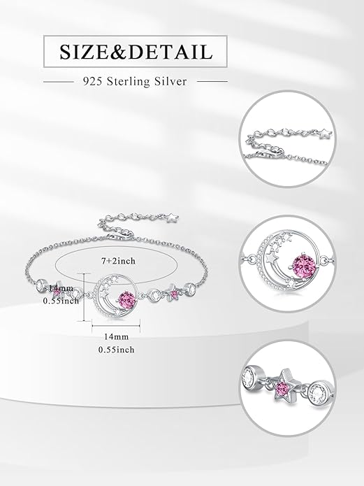Moon and Star Birthstone Charm Link Bracelet 925 Sterling Silver Moon and Star Bracelet with 12 Months Birthstone Birthday Jewelry Gifts for Women Mom Her,Chain Length 7"+2" Extend