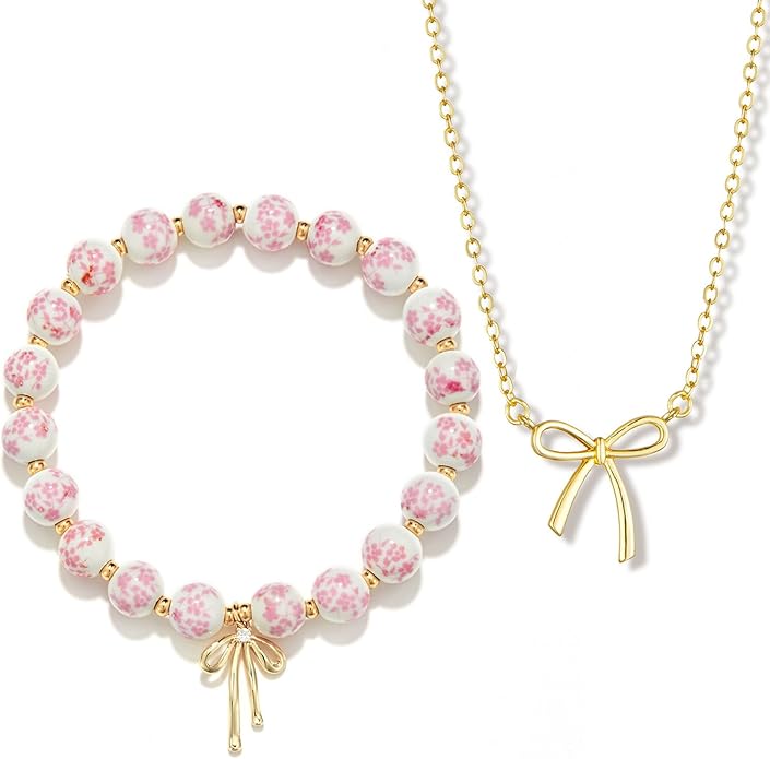 Qiuseadu Bow Bracelet Necklace Set 14K Gold Beaded Bracelet Dainty Bow Pendant Choker Jewelry Gift Set
