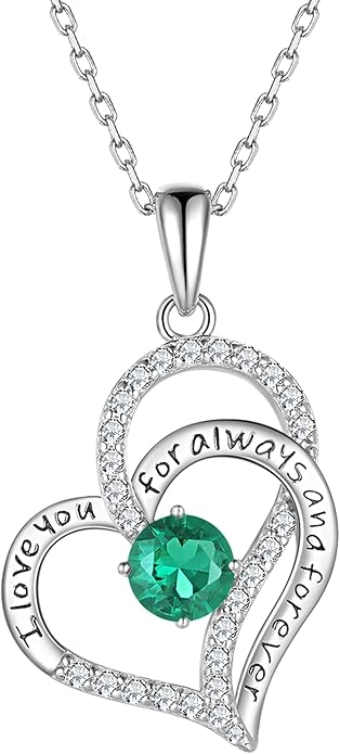 Heart Birthstone Silver Necklace for Women, S925 Sterling Silver Pendant Necklace Birthday Jewelry Gifts for Her Mother Mom Wife Girlfriend